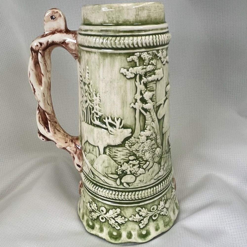 Holland Mold‎ Beer Stein Mug Relief Deer Forest Green Ceramic 8" Tall